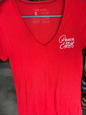 Walk In Love Women's Red V-Neck Tee - 'Peace on Earth' Chest Graphic